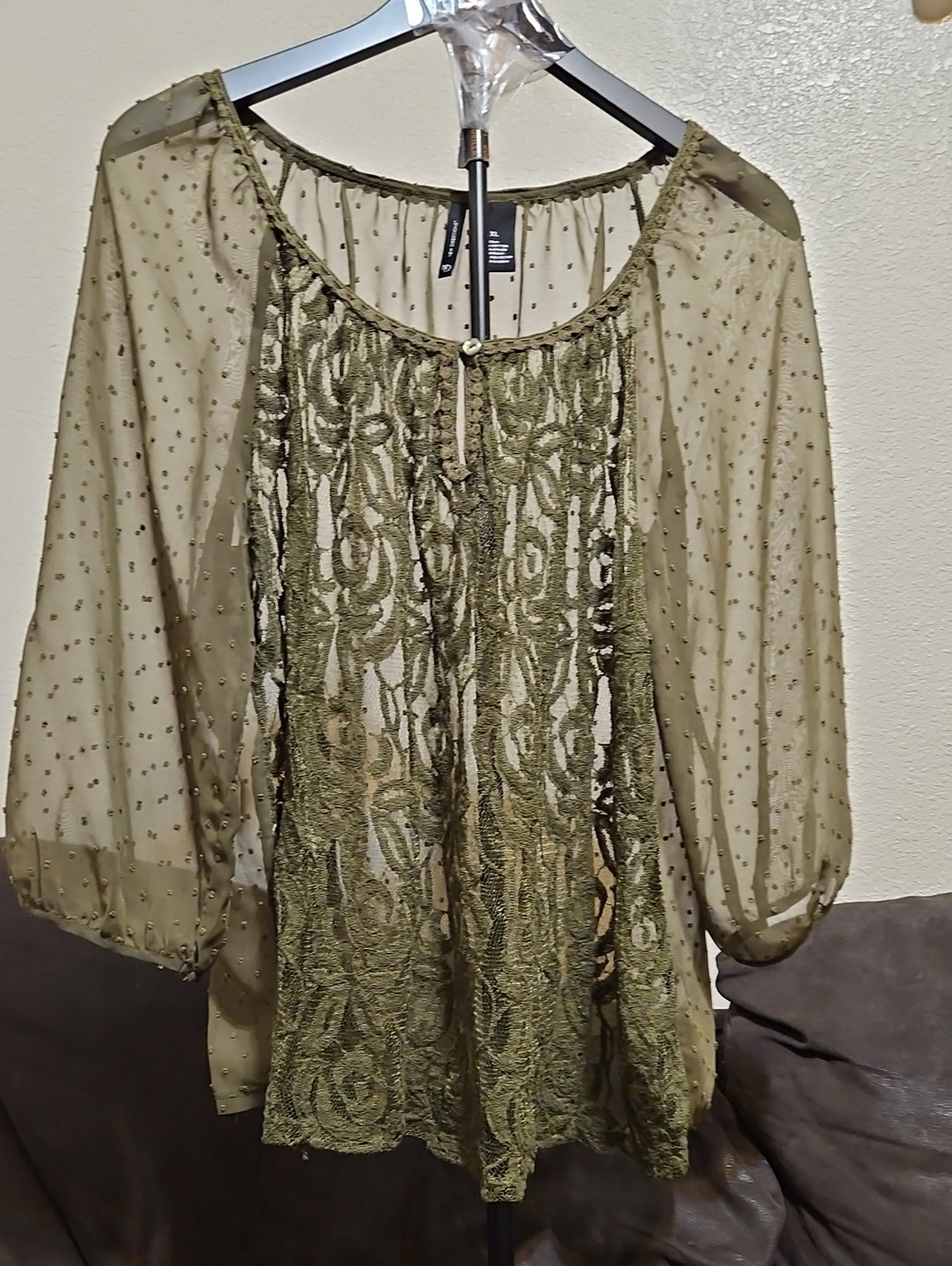 new directions Olive Sheer Embroidered Peasant Blouse